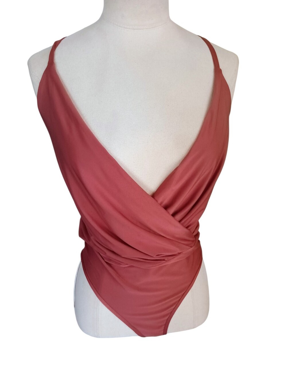 Love Tree Mauve Wrap Drape Deep-V Halter Bodysuit Snap Bottom Thong Size M